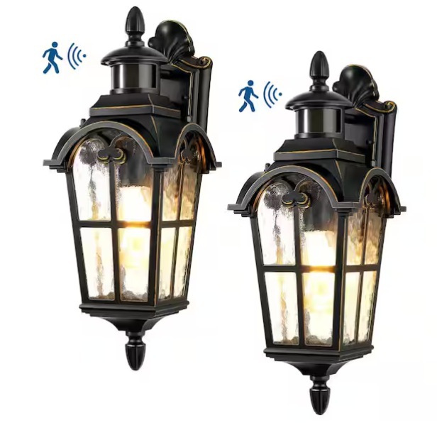 DEWENWILS 16.8" Black Motion Sensing Dusk To Dawn Outdoor Hardwired Wall Lantern Scone With No Bulbs Included HOWL07D