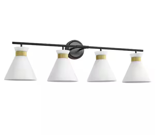 KAISITE 36" 4 Light Black And Gold Vanity Light With Milk White Glass Shade Modern Bathroom Light Fixture 8090ML-04BG-US