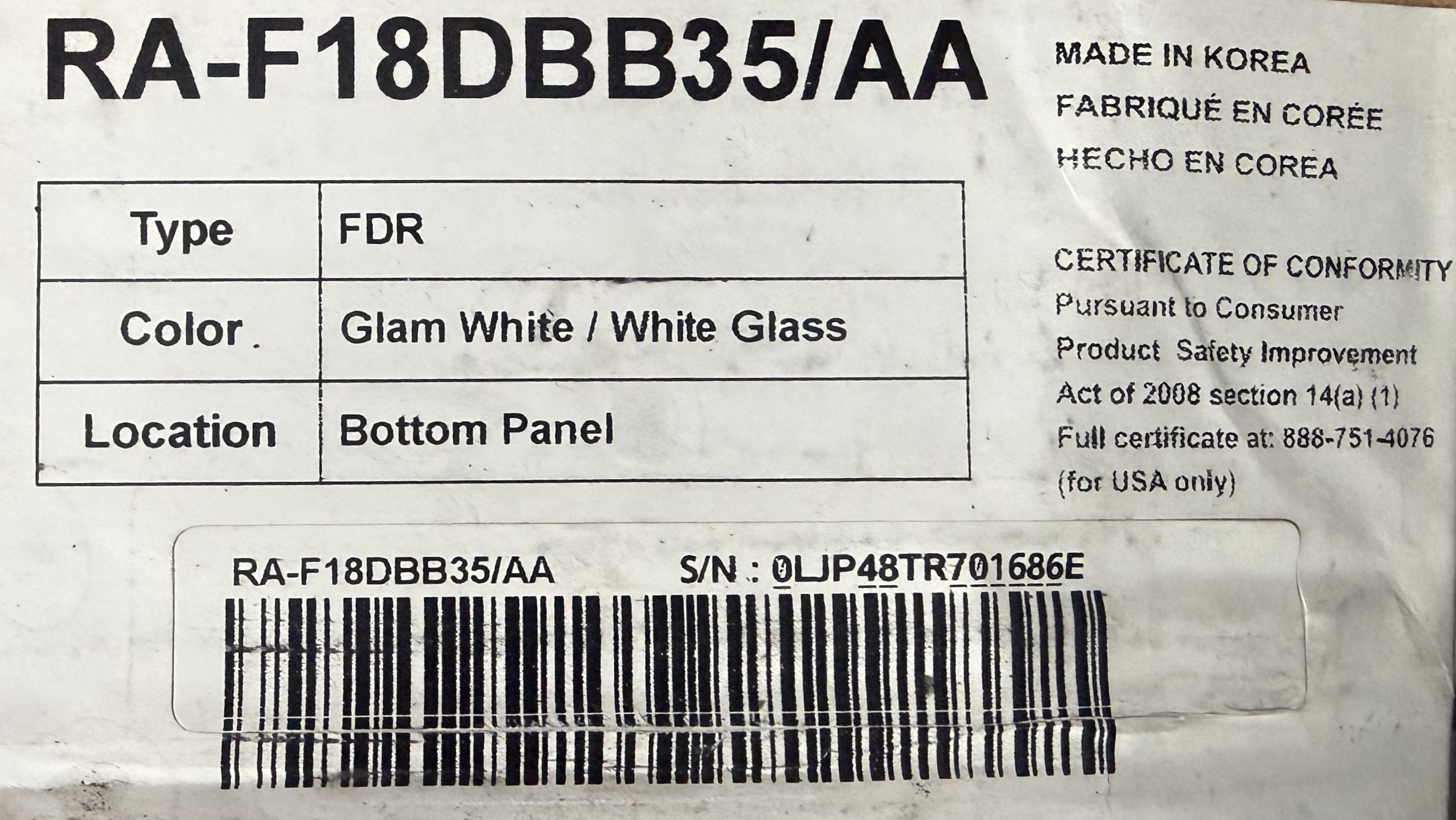 SAMSUNG 4 Door Flex Refrigerator Bottom Panel White (glass) RAF18DBB35