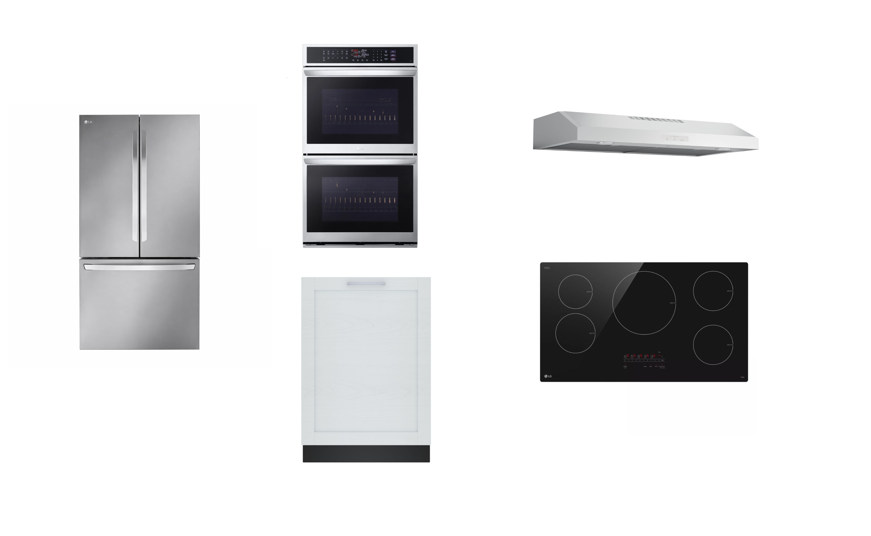 5 Piece Kitchen Package LG Oven, Refrigerator, Cooktop | BOSCH Dishwasher | GE Range Hood