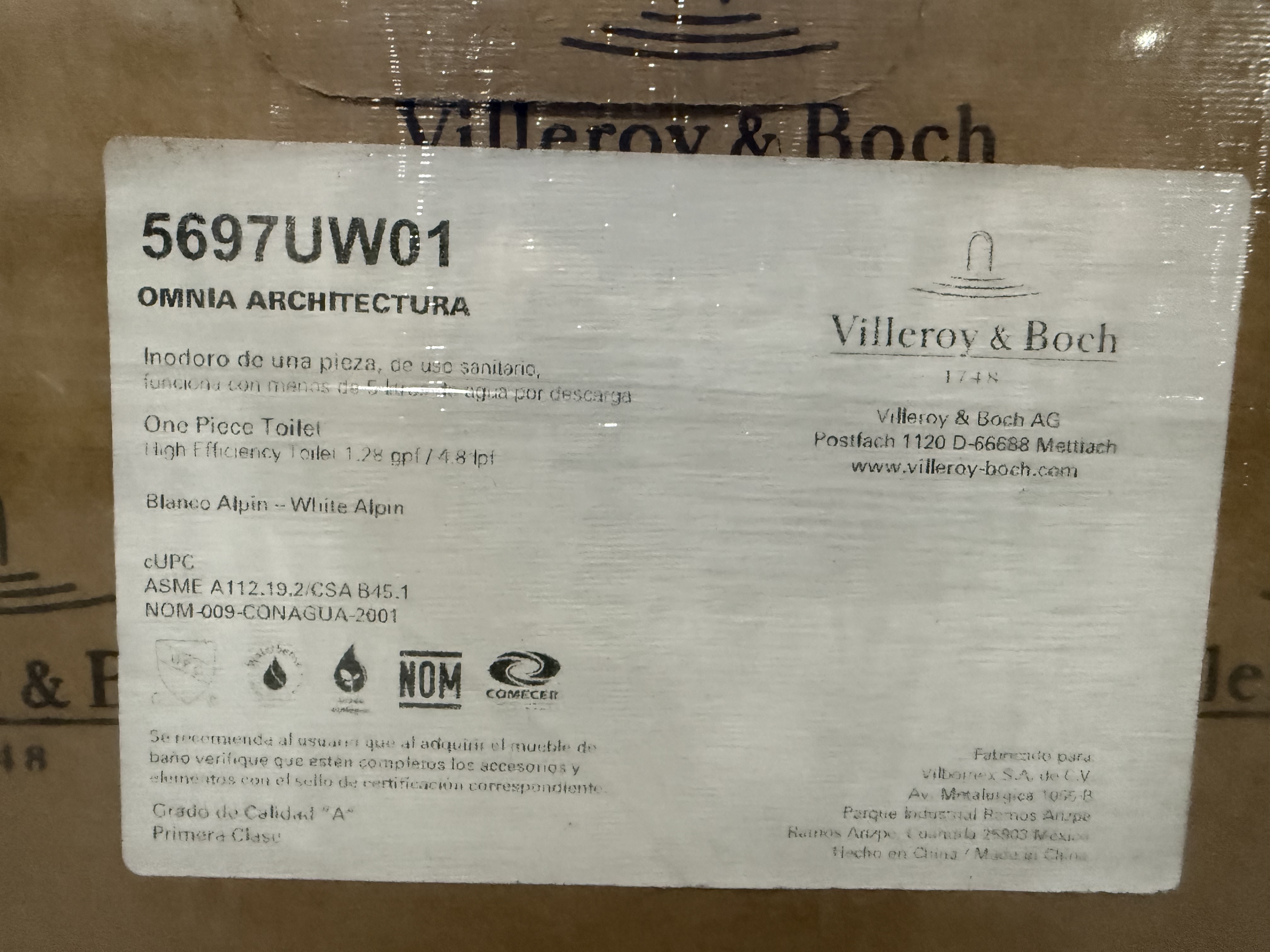 Villeroy & Boch Villeroy Boch 29" One Piece Elongated Toilet 1.28 Gpf White Alpin 5697US01