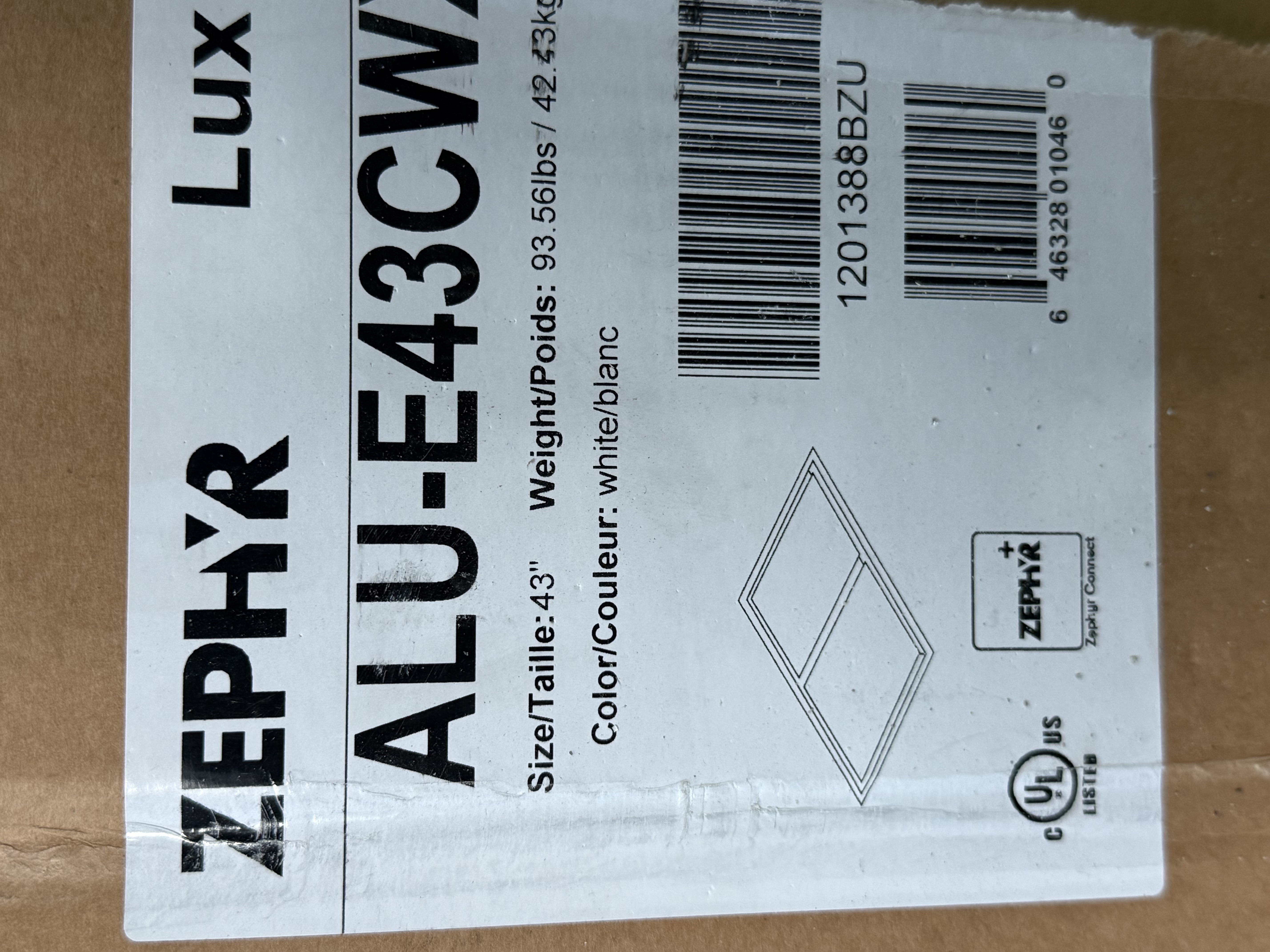 ZEPHYR Lux Connect 43in White Led Body Only ALUE43CWX