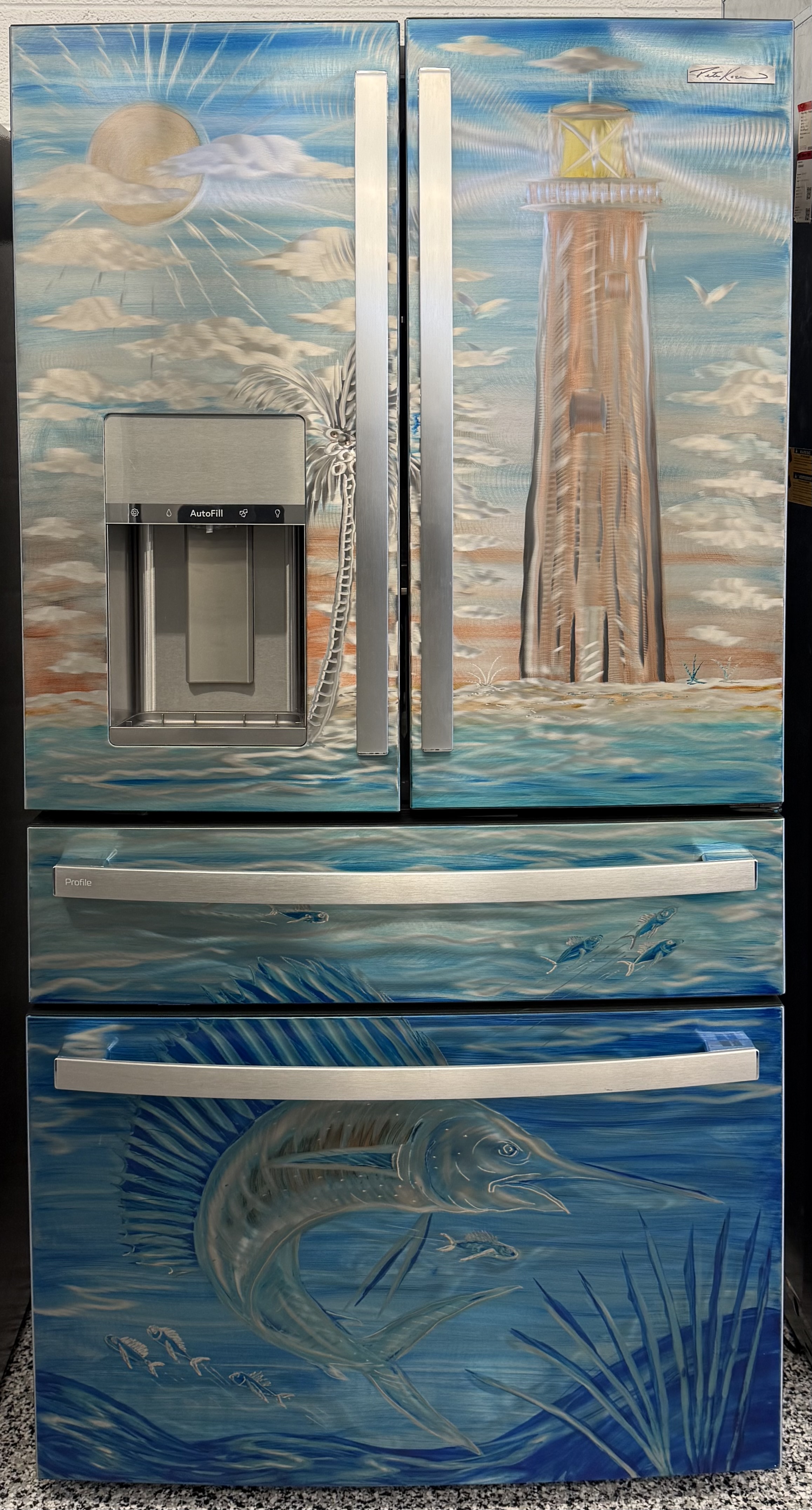 GE Custom Pete Koza 36" 4 Door French Door Refrigerator 27.9 Cu. Ft. Hand Crafted Coastal Metal Art PVD28BYNFS-SP