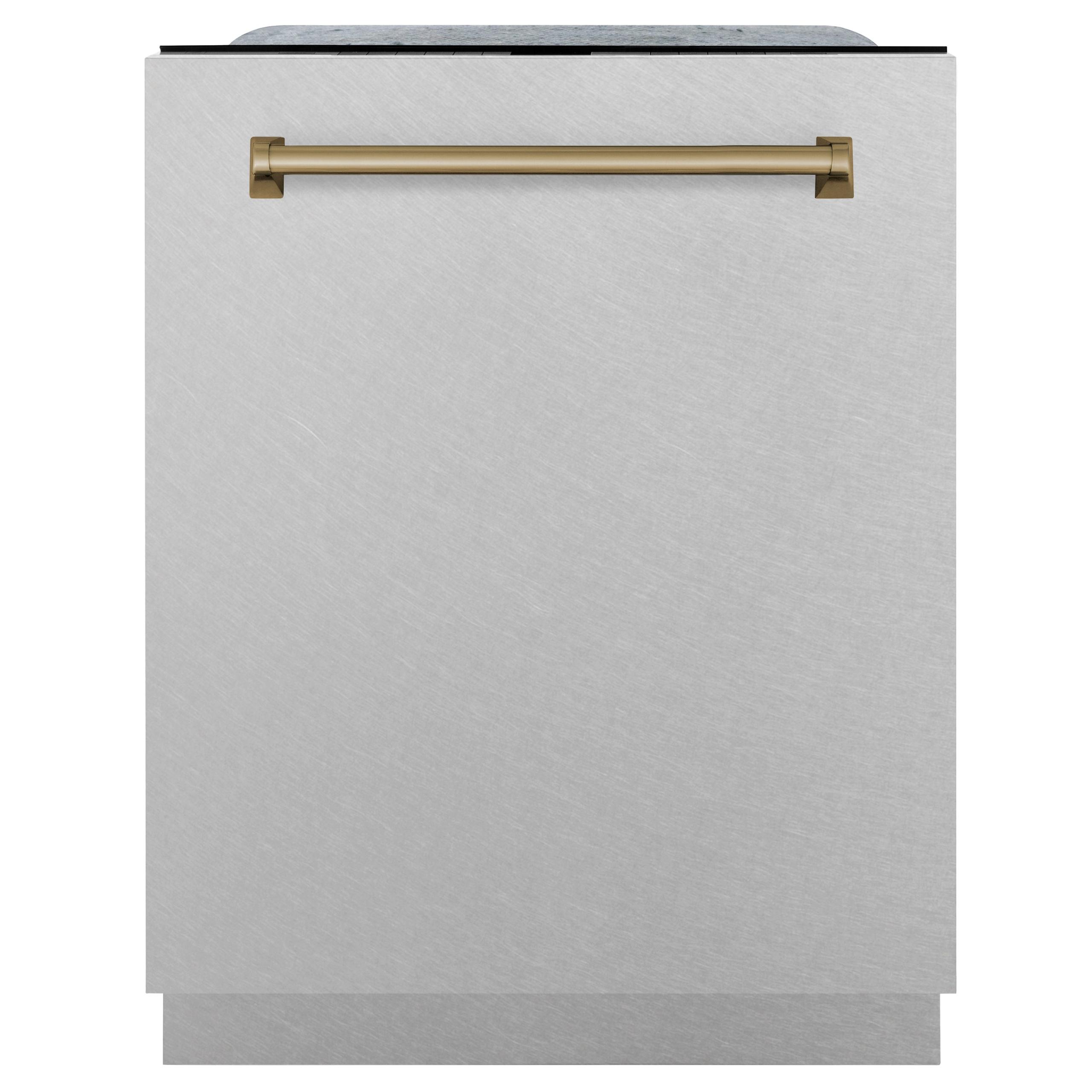 ZLINE Autograph Edition 24 3rd Rack Top Touch Control Tall Tub Dishwasher In Durasnow Stainless Steel With Champagne Bronze Handle 51dba DWMTZ-SN-24-CB