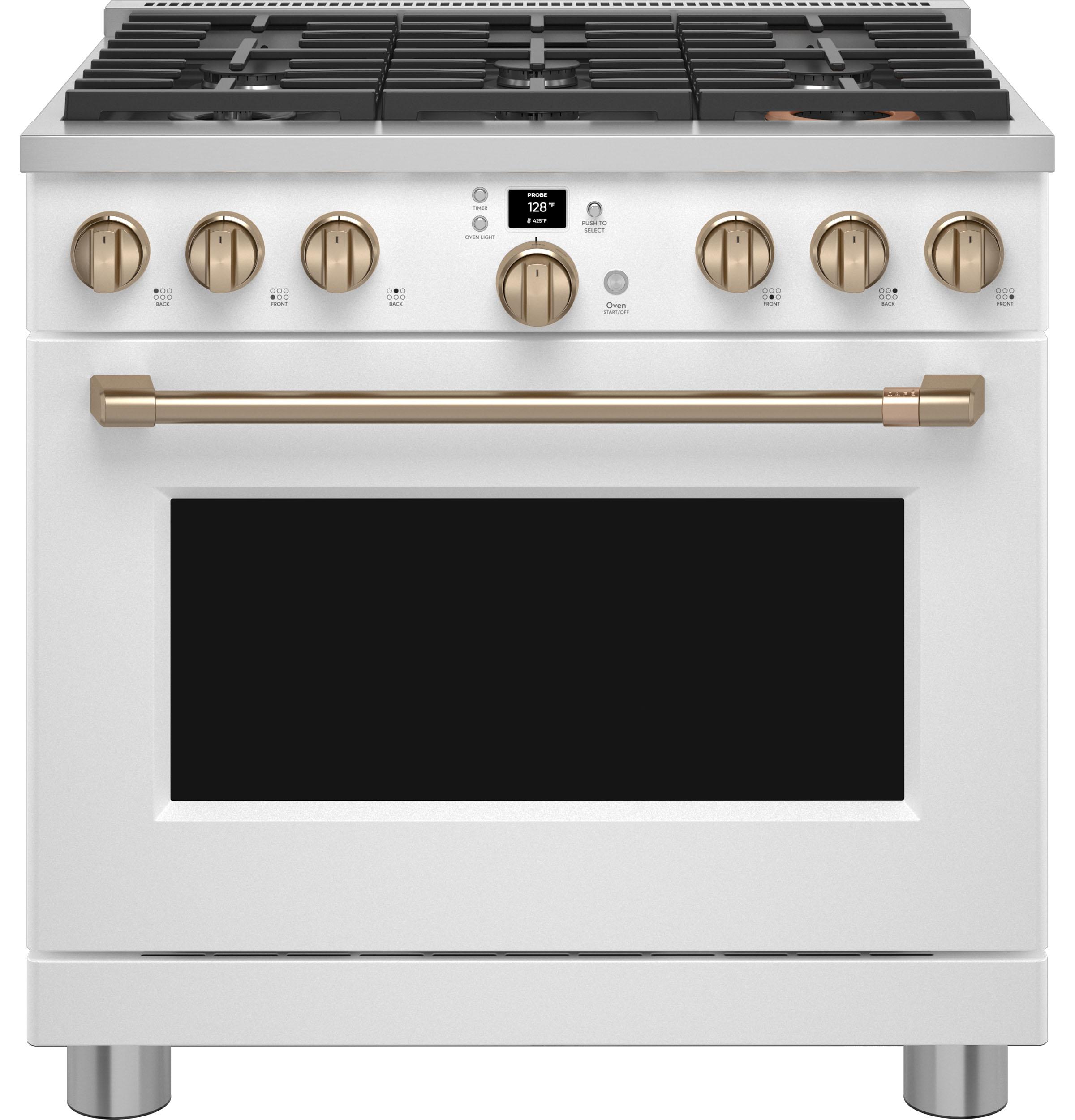 CAFE 36" Natural Gas Range 6.2 Cu. Ft. Matte White With Brushed Bronze Hardware CGY366P4TW2
