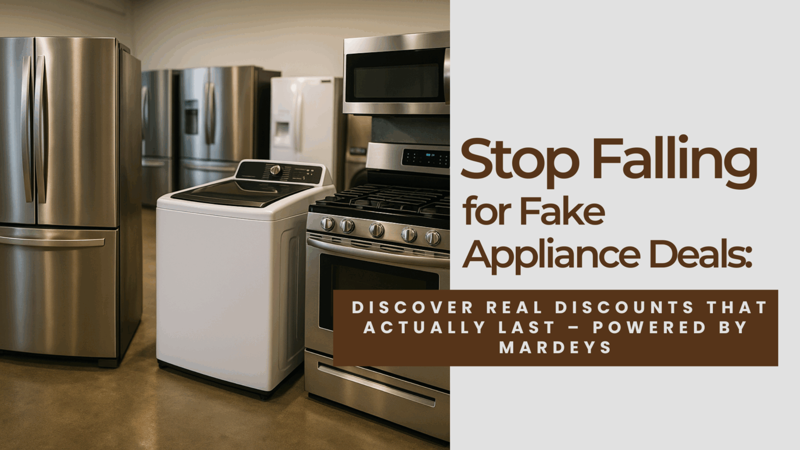 Shopper comparing fake appliance deals vs real discounts at Mardeys