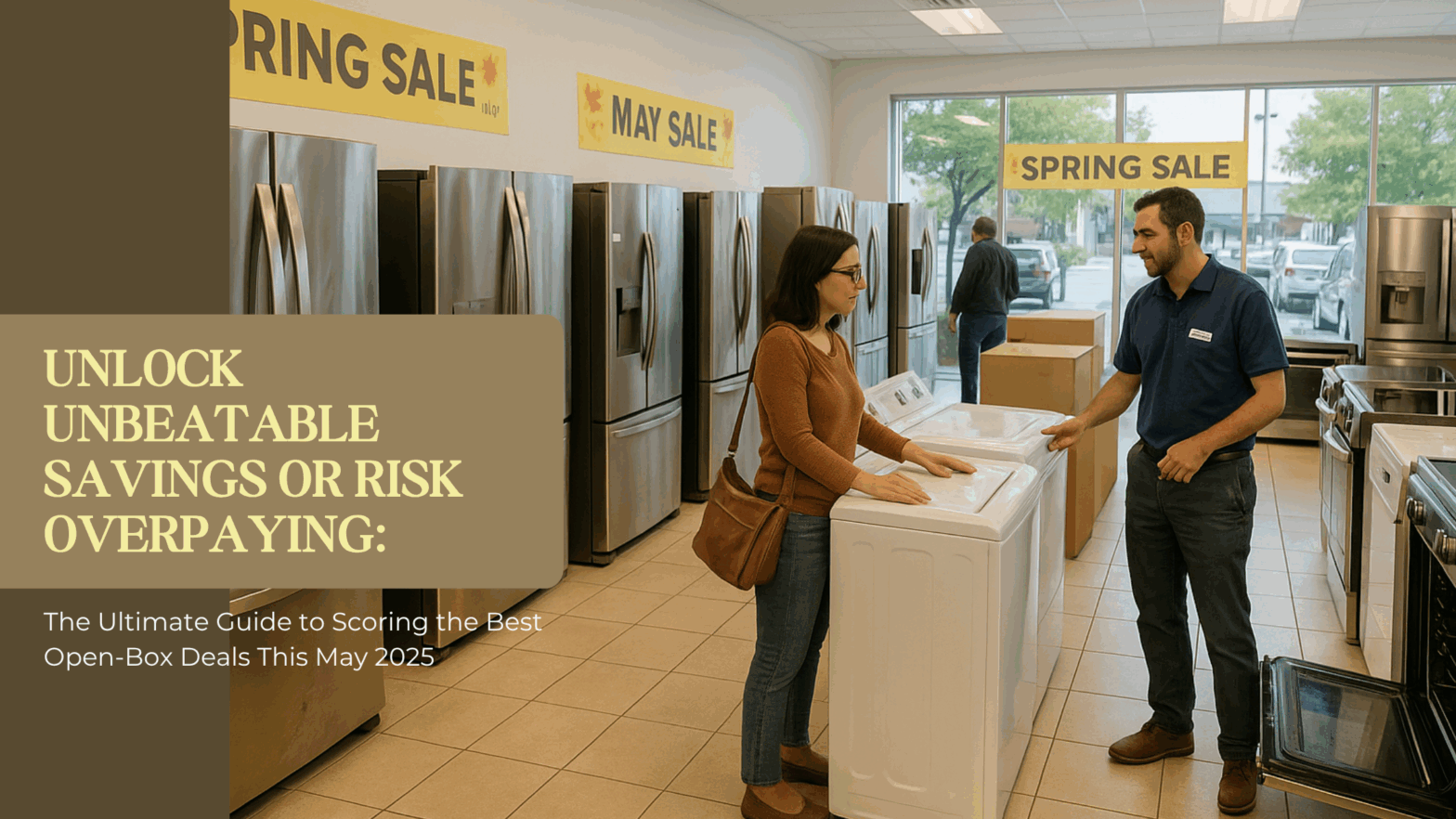 Shopper reviewing unbeatable open-box appliance savings vs retail prices
