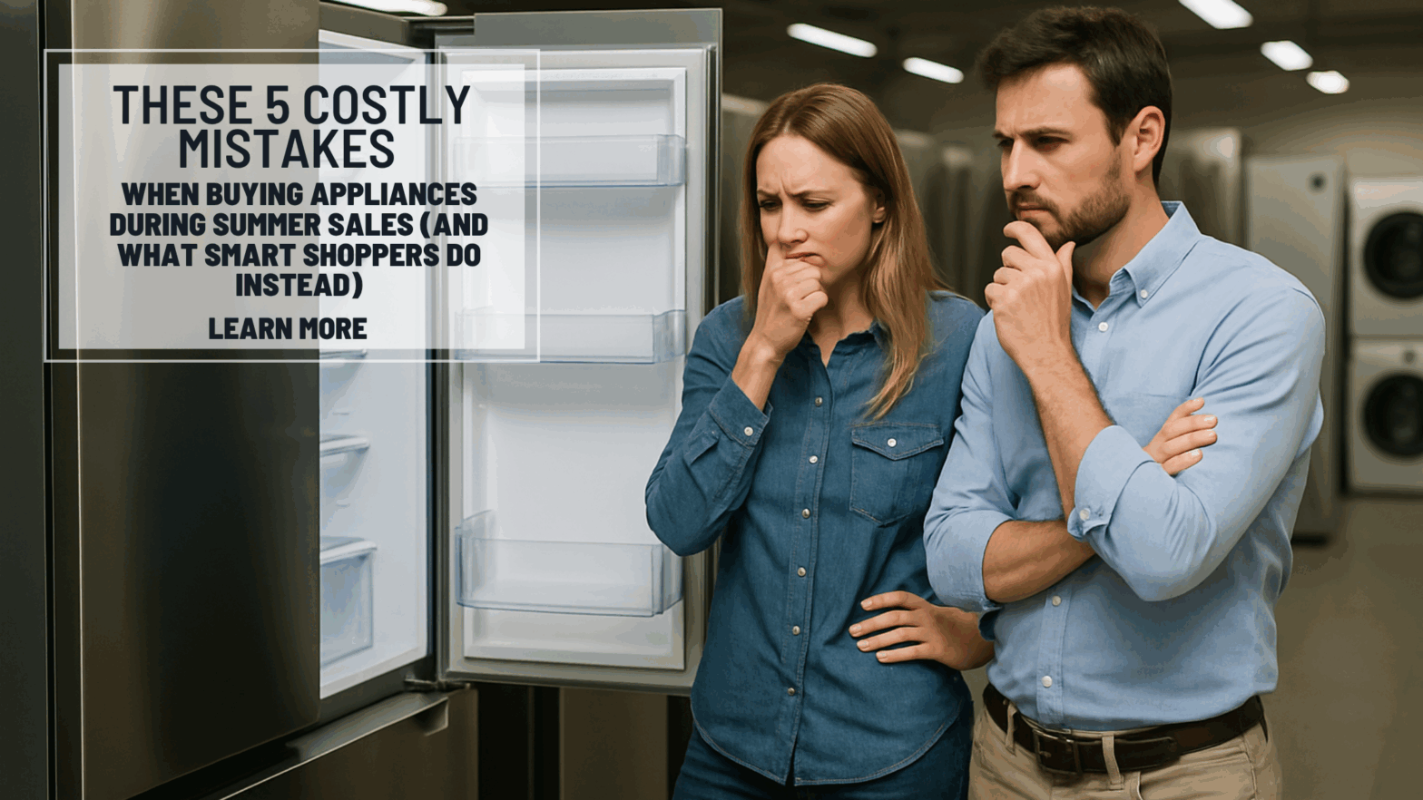 Shopper avoiding costly appliance buying mistakes during a summer sale