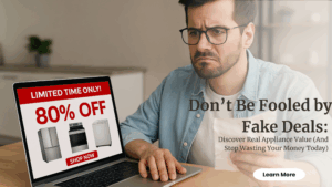 Shopper comparing fake appliance deals with real appliances value at Mardeys