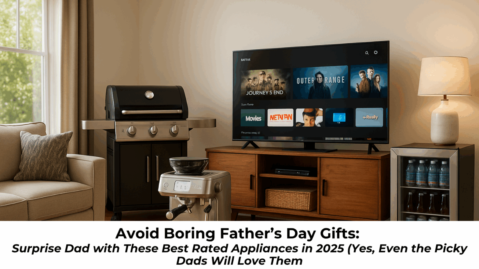 Father happily unboxing a Best rated appliance gift on Father’s Day 2025