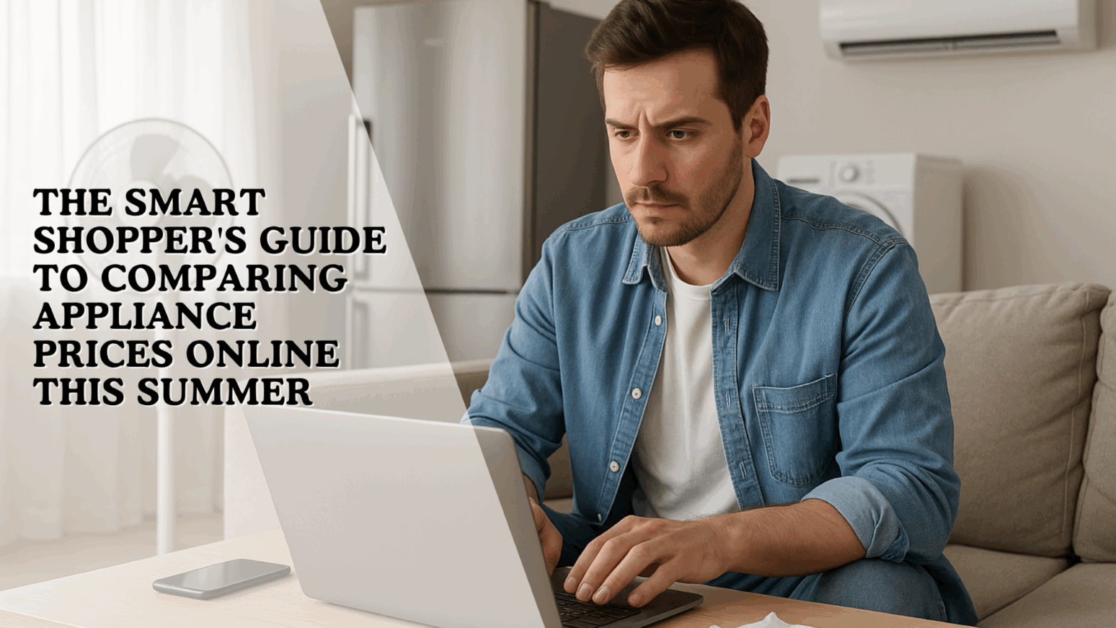 Smart shopper comparing appliance prices online during summer deals