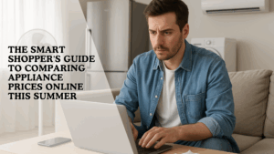 Smart shopper comparing appliance prices online during summer deals