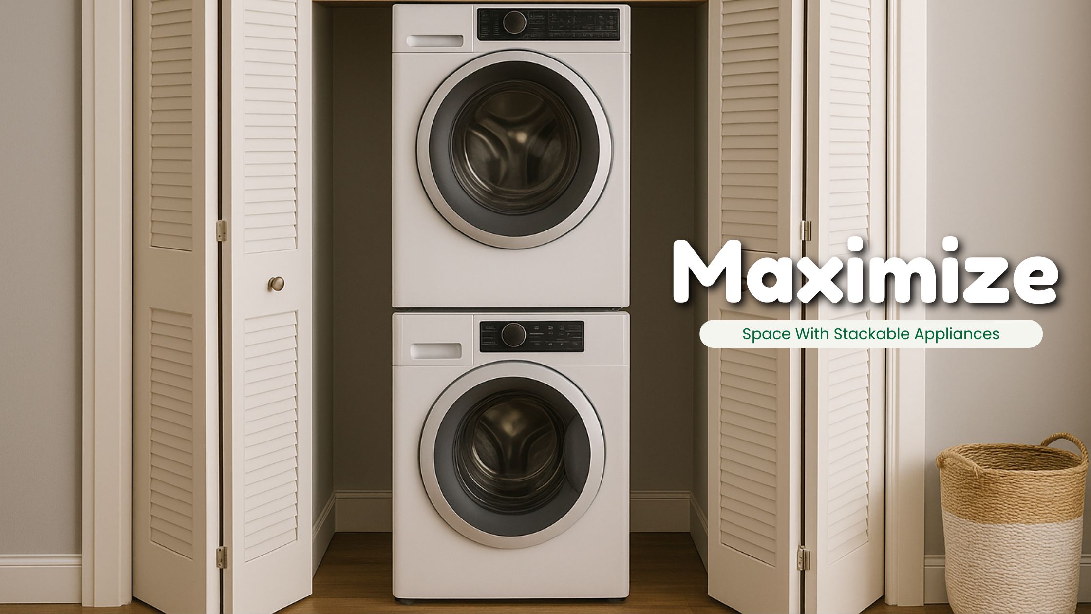 Compact washer and dryer stackable appliances in a small laundry space